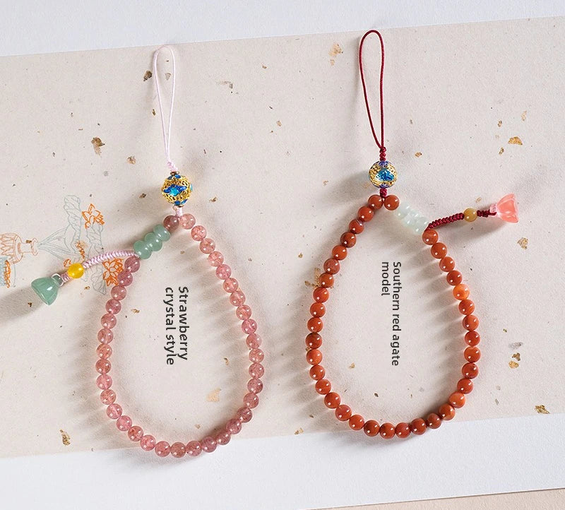 Natural Stone Handmade Phone Lanyard Short Pink Strawberry Quartz Beaded Chain with Red Agate Lucky Wealth for Phone, keys.