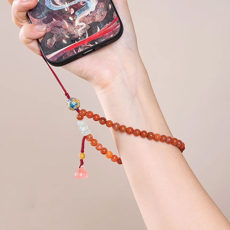 Natural Stone Handmade Phone Lanyard Short Pink Strawberry Quartz Beaded Chain with Red Agate Lucky Wealth for Phone, keys.