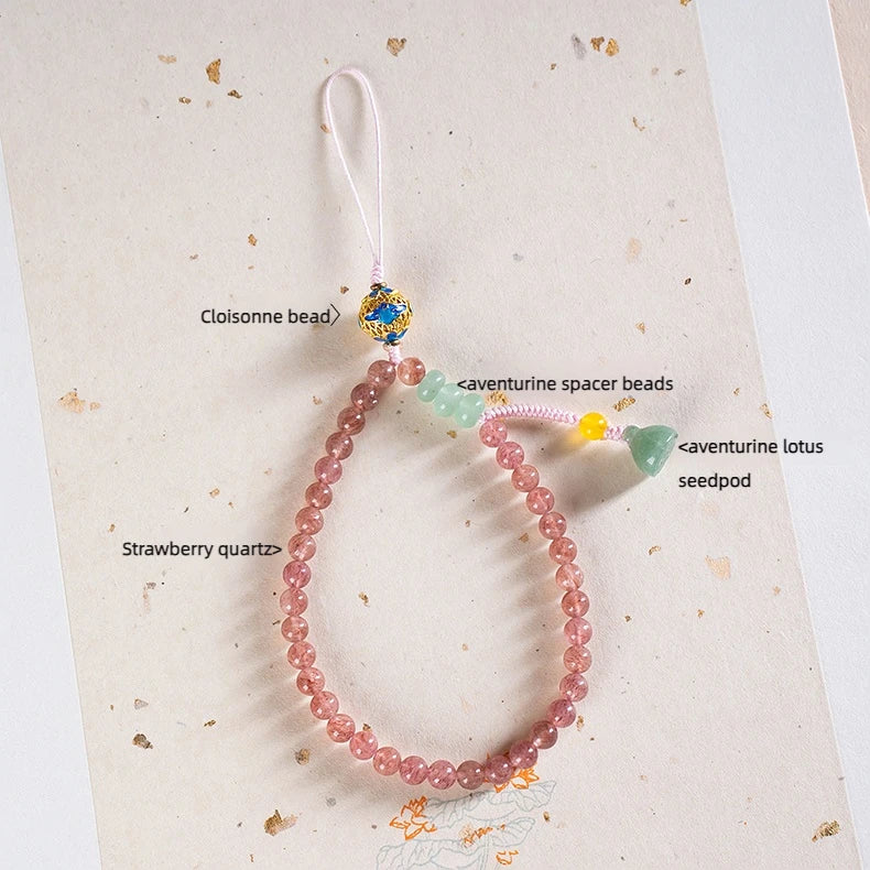 Natural Stone Handmade Phone Lanyard Short Pink Strawberry Quartz Beaded Chain with Red Agate Lucky Wealth for Phone, keys.