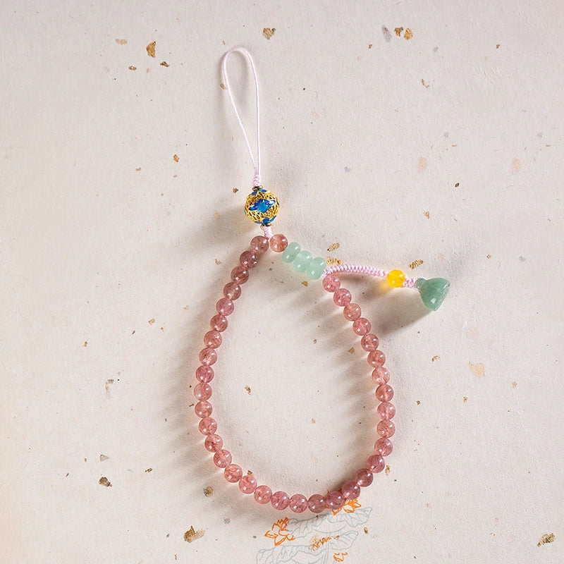 Natural Stone Handmade Phone Lanyard Short Pink Strawberry Quartz Beaded Chain with Red Agate Lucky Wealth for Phone, keys.
