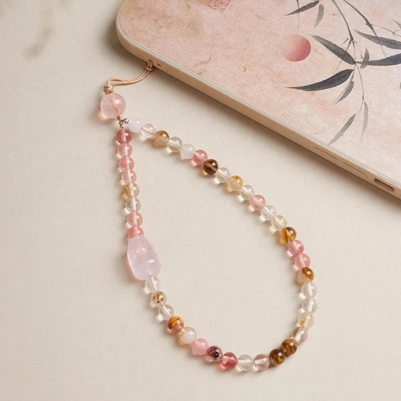 Natural Watermelon Quartz Phone Charm Pendant Strap for Girls Pink Crystal Lucky Wealth Mobile Phone Lanyard Rope Candy Color