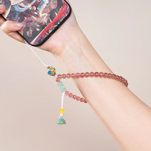 Natural Stone Handmade Phone Lanyard Short Pink Strawberry Quartz Beaded Chain with Red Agate Lucky Wealth for Phone, keys.