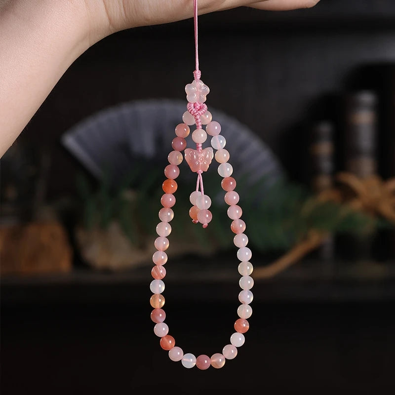 Fashion Agate Pink Phone Lanyard for Girls Lovely Design Wrist Strap AntiLost Charm Mobile Hanger Handmade Strap for phone keys