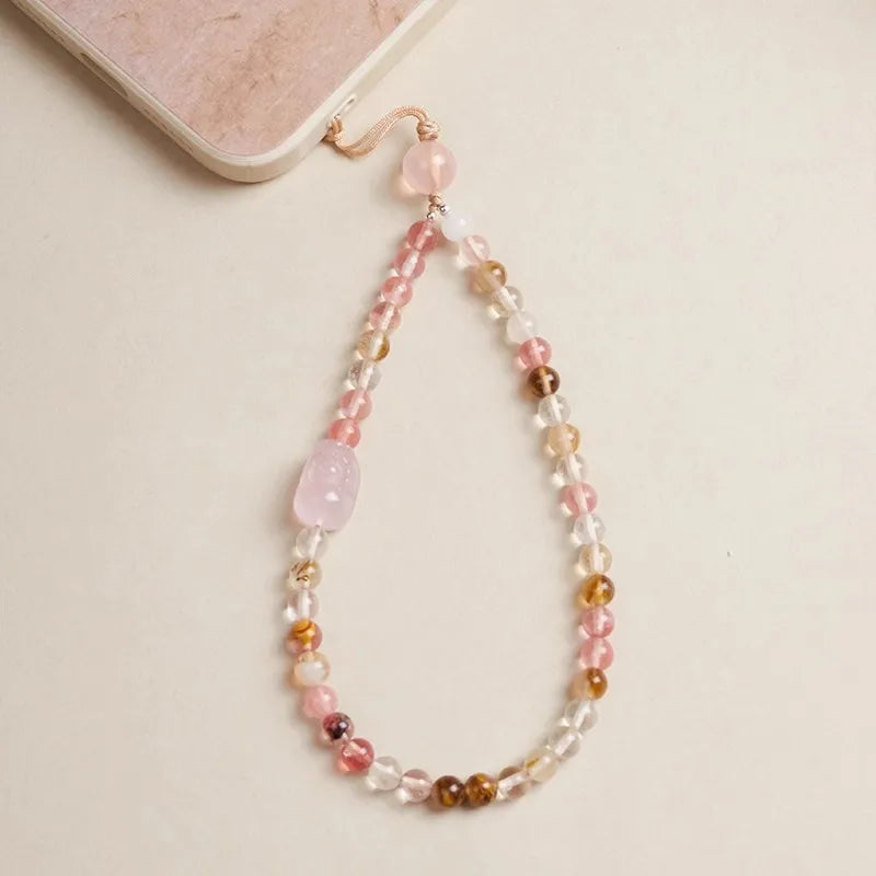 Natural Watermelon Quartz Phone Charm Pendant Strap for Girls Pink Crystal Lucky Wealth Mobile Phone Lanyard Rope Candy Color