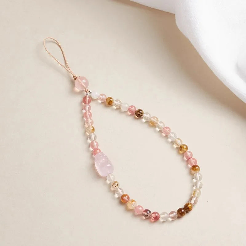 Natural Watermelon Quartz Phone Charm Pendant Strap for Girls Pink Crystal Lucky Wealth Mobile Phone Lanyard Rope Candy Color