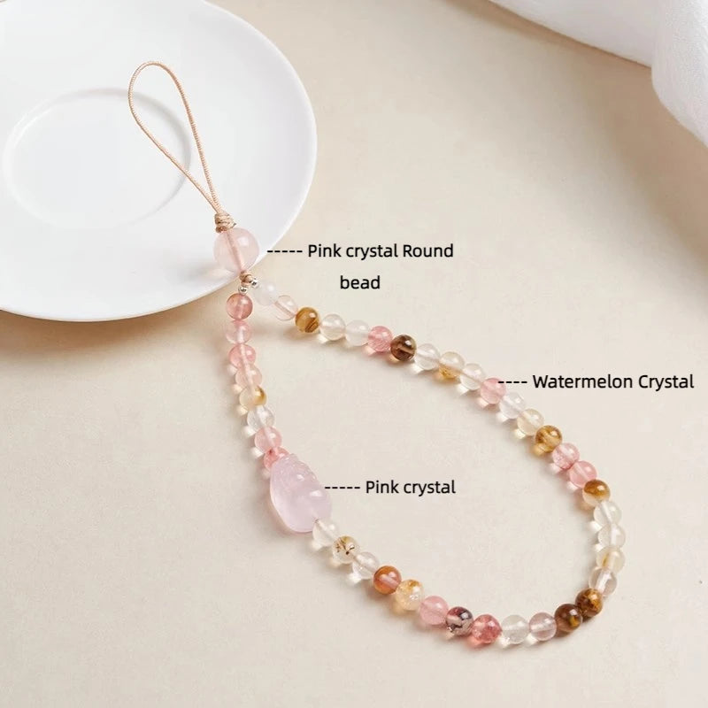 Natural Watermelon Quartz Phone Charm Pendant Strap for Girls Pink Crystal Lucky Wealth Mobile Phone Lanyard Rope Candy Color