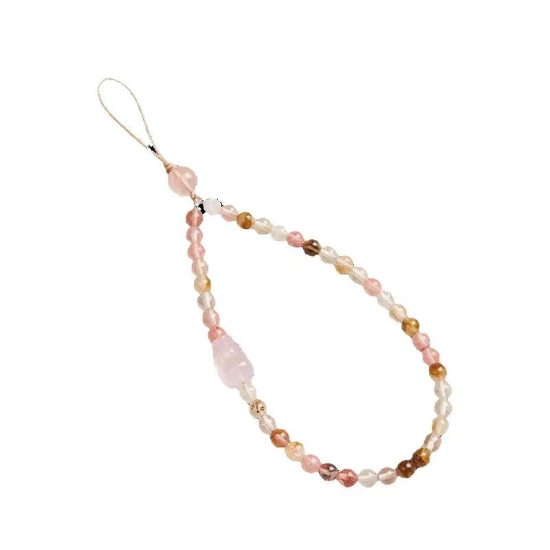 Natural Watermelon Quartz Phone Charm Pendant Strap for Girls Pink Crystal Lucky Wealth Mobile Phone Lanyard Rope Candy Color